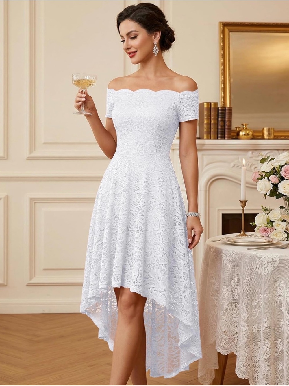 Off-Shoulder White Lace High-Low Dress